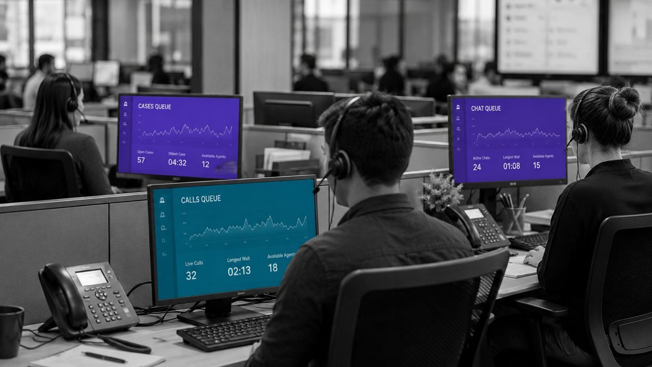 Customer support agents monitoring call, chat, and case queues in a contact centre.