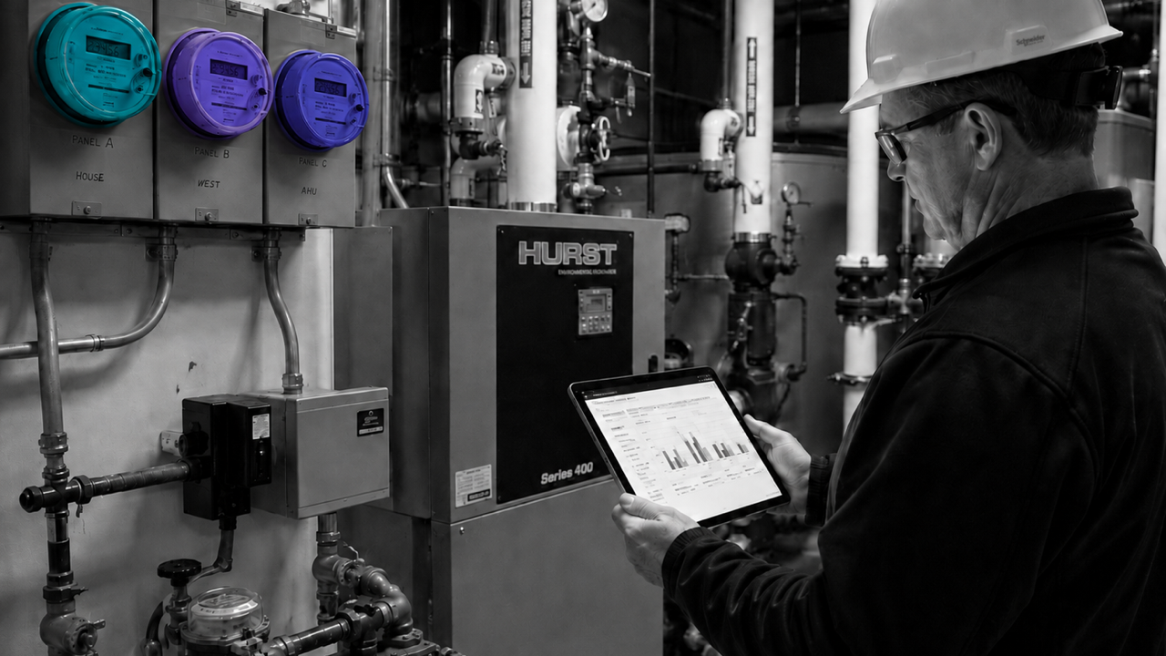 Utility engineer reviewing energy-usage charts beside industrial meters and equipment.