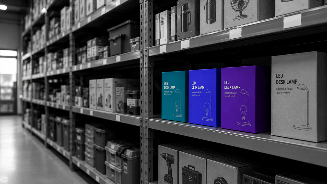 Retail warehouse shelves with boxed products and highlighted inventory items.
