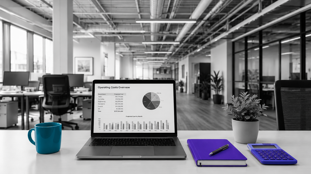 Office desk with a laptop showing an operating-cost forecast and charts.